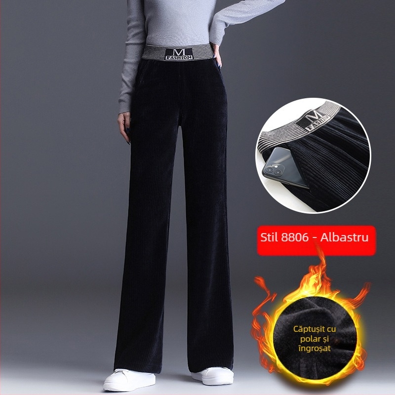 Pantaloni largi din catifea reiată pentru femei, pantaloni drepți cu talie înaltă, toamna și iarna 2024, noi, versatile, lejeri, pantaloni casual drapați pentru femei