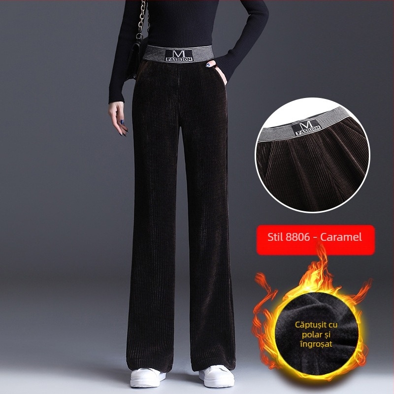 Pantaloni largi din catifea reiată pentru femei, pantaloni drepți cu talie înaltă, toamna și iarna 2024, noi, versatile, lejeri, pantaloni casual drapați pentru femei