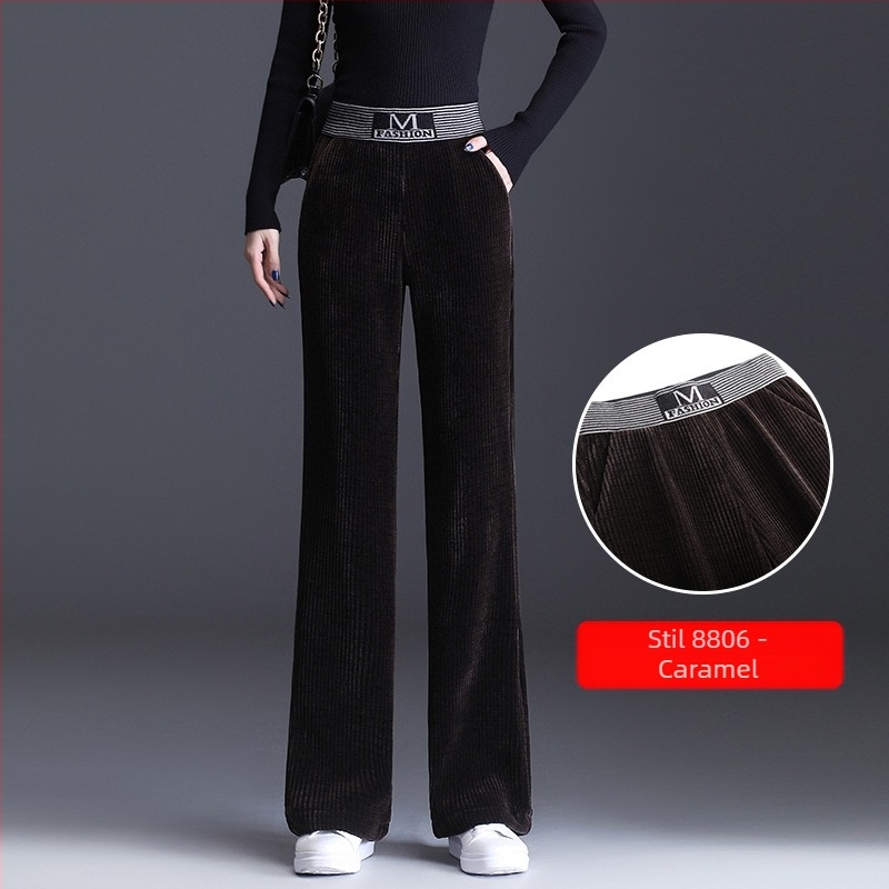 Pantaloni largi din catifea reiată pentru femei, pantaloni drepți cu talie înaltă, toamna și iarna 2024, noi, versatile, lejeri, pantaloni casual drapați pentru femei