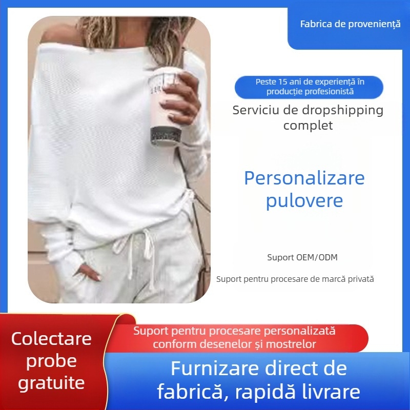 Pulover tricotat cu un guler, culoare solidă, transfrontalieră Amazon, european și american, lejer, cu mânecă Dolman, tricotat