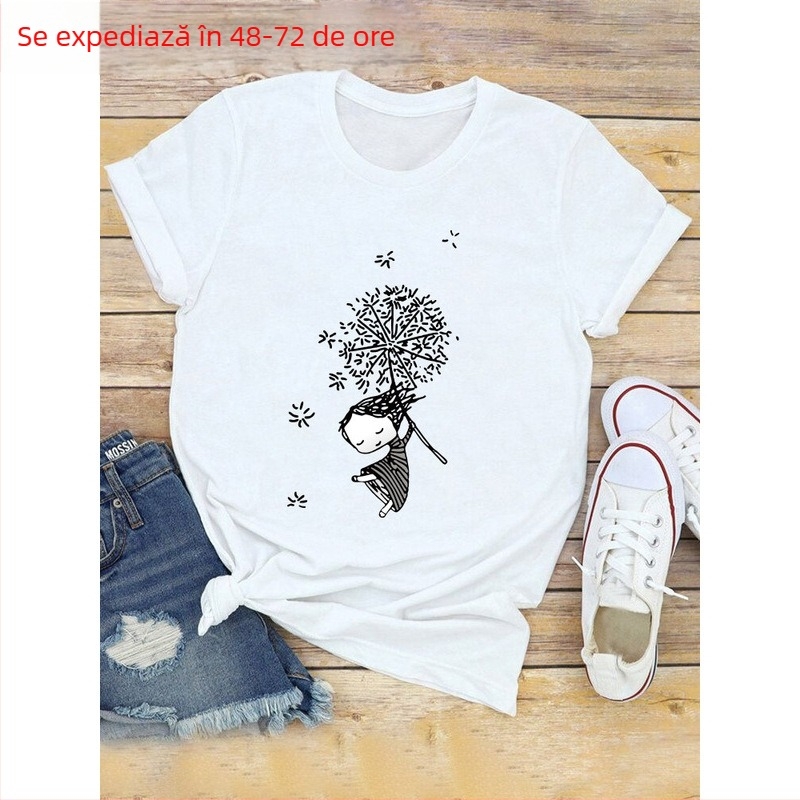 Tricou Dandelion pentru femei, stil european și american, cu mânecă scurtă, casual, de zi cu zi, top pentru femei, Dandelion, cu mânecă scurtă, mărime europeană