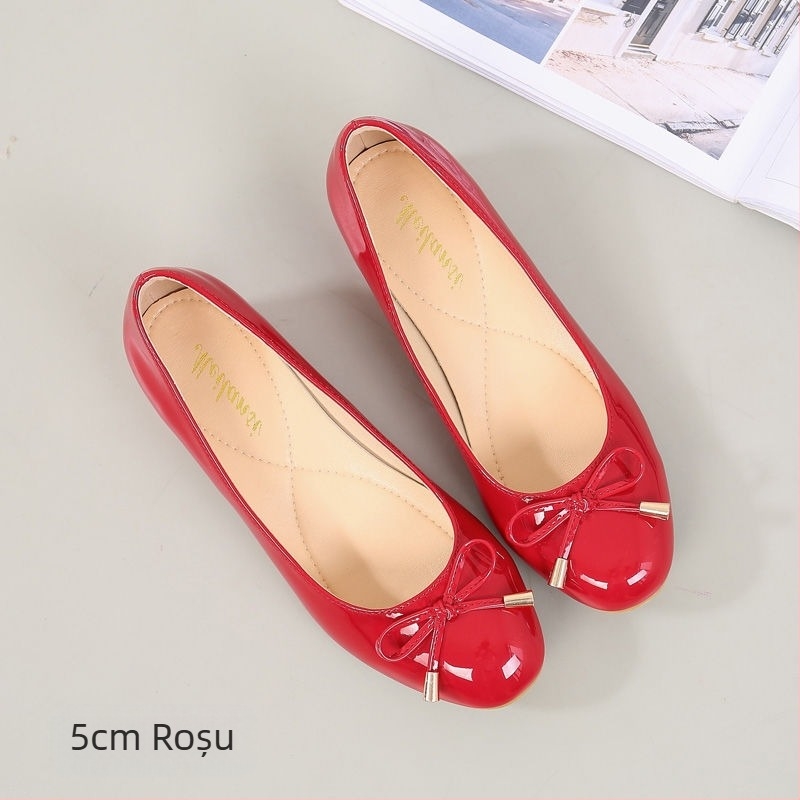 Pantofi de damă din piele naturală cu toc gros și vârf rotund, roșii, pentru mame de vârstă mijlocie, cu talpă moale, din piele, pantofi cu un singur strat, pantofi de nuntă cu toc mediu, mărime mică