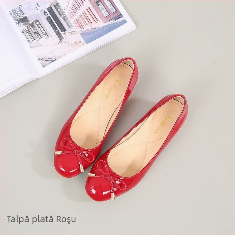 Pantofi de damă din piele naturală cu toc gros și vârf rotund, roșii, pentru mame de vârstă mijlocie, cu talpă moale, din piele, pantofi cu un singur strat, pantofi de nuntă cu toc mediu, mărime mică