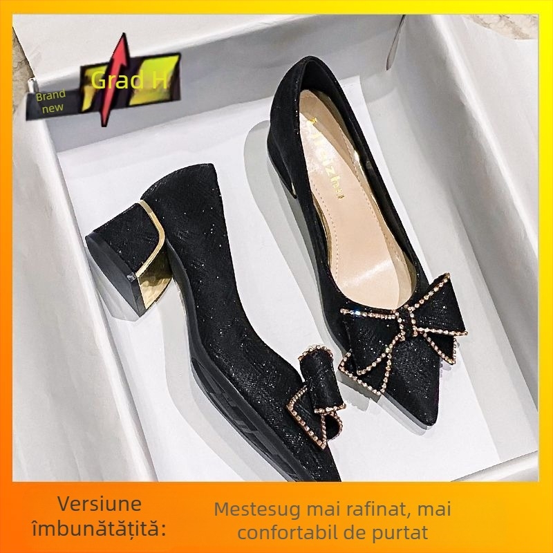 Vara 2024 Stil nou cu gura superficială, stil zână, talpă moale, fundă cu fustă, toc gros francez, tocuri înalte, pantofi simpli pentru femei