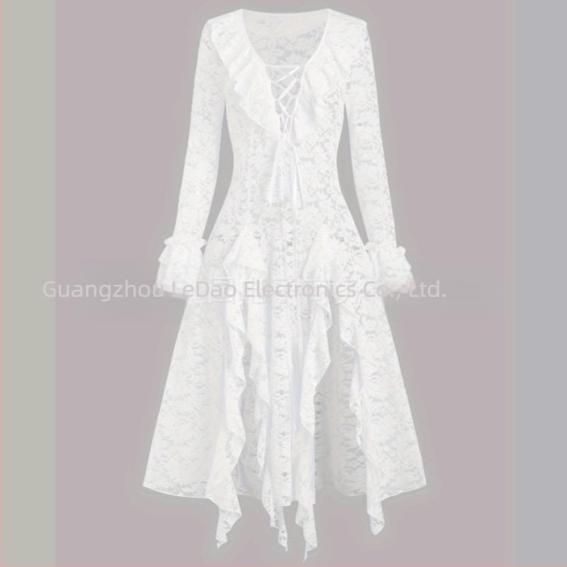 Rochie lungă, linie A, cu volane, din linie, pentru femei europene și americane, de culoare solidă, cu dantelă și volane transparente