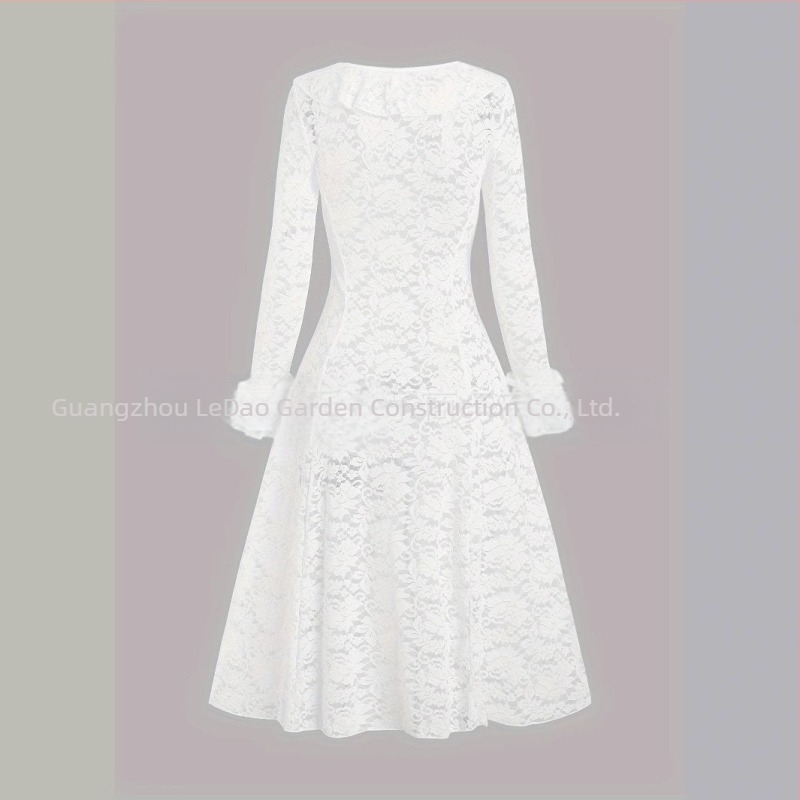 Rochie lungă, linie A, cu volane, din linie, pentru femei europene și americane, de culoare solidă, cu dantelă și volane transparente