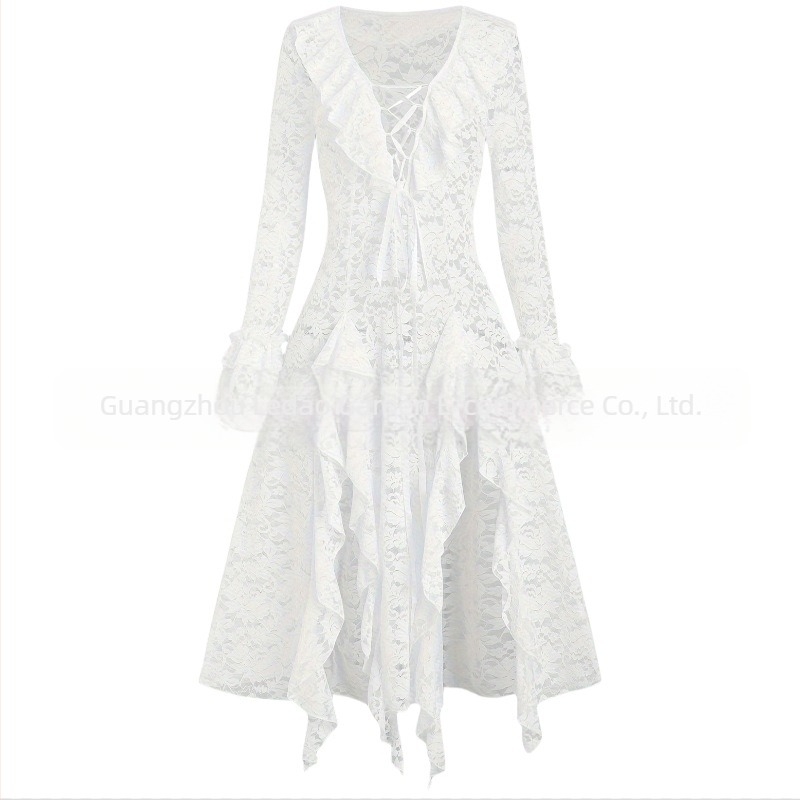 Rochie lungă, linie A, cu volane, din linie, pentru femei europene și americane, de culoare solidă, cu dantelă și volane transparente