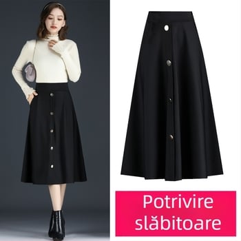 Fustă lungă cu talie înaltă pentru femei, dimensiuni mari, cu un singur rând de nasturi, toamna și iarna, fustă agățată de șold, subțire, lungime medie, linie A-line, fustă