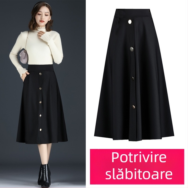 Fustă lungă cu talie înaltă pentru femei, dimensiuni mari, cu un singur rând de nasturi, toamna și iarna, fustă agățată de șold, subțire, lungime medie, linie A-line, fustă