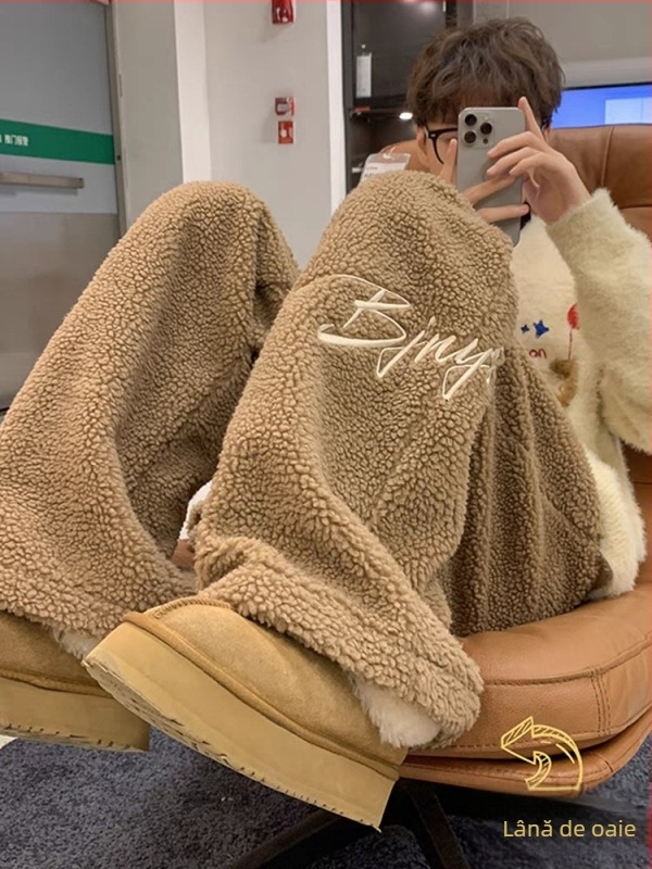 [căptușit cu lână] Pantaloni drepți brodați cu căptușeală din lână de miel, pantaloni casual coreeni pentru femei, toamna și iarna, noi pentru studenți