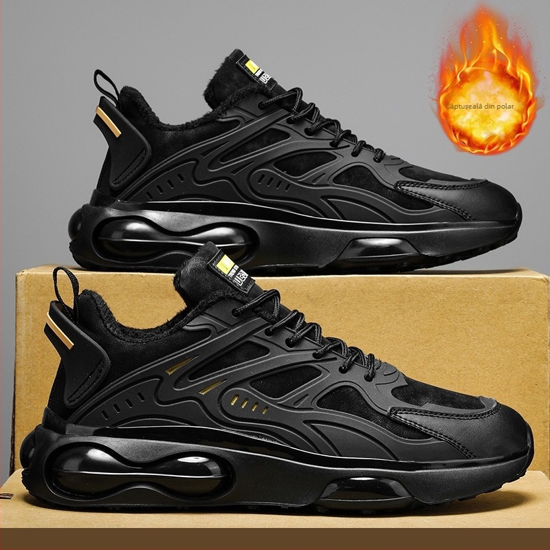 Toamna și iarna, la modă, pernă de aer neagră, talpă groasă, impermeabilă, sport, căptușită cu fleece, pantofi caldi din bumbac, pantofi casual pentru bărbați, pantofi sport