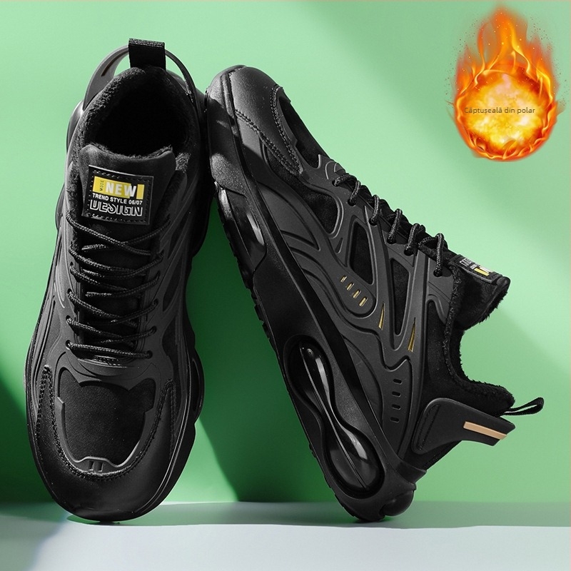 Toamna și iarna, la modă, pernă de aer neagră, talpă groasă, impermeabilă, sport, căptușită cu fleece, pantofi caldi din bumbac, pantofi casual pentru bărbați, pantofi sport