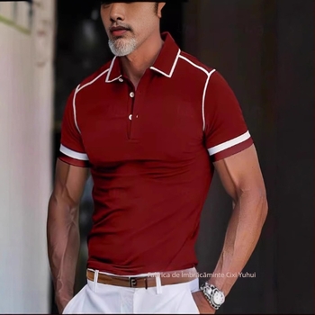 Bluză polo bărbătească cu imprimeu color block, scurtă, vară casual, 2024, nouă