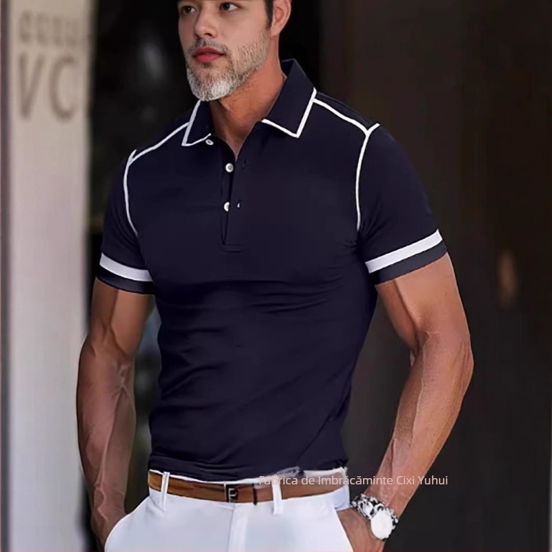 Bluză polo bărbătească cu imprimeu color block, scurtă, vară casual, 2024, nouă