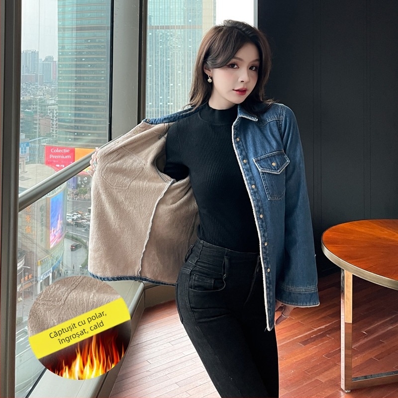 Fotografie reală a cămășii din denim îngroșate din catifea, în stil coreean, pentru femei, toamna și iarna 2025, jachetă nouă, croială slim fit, versatilă, cu fund scurt