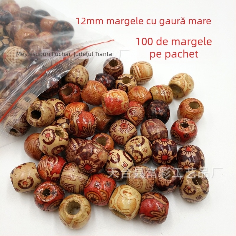Materiale pentru bijuterii DIY en-gros, mărgele din lemn imprimate cu gaură mare de 12 mm, receptor pentru păr împletit murdar, mărgele din lemn, receptor pentru păr împletit mare, 100