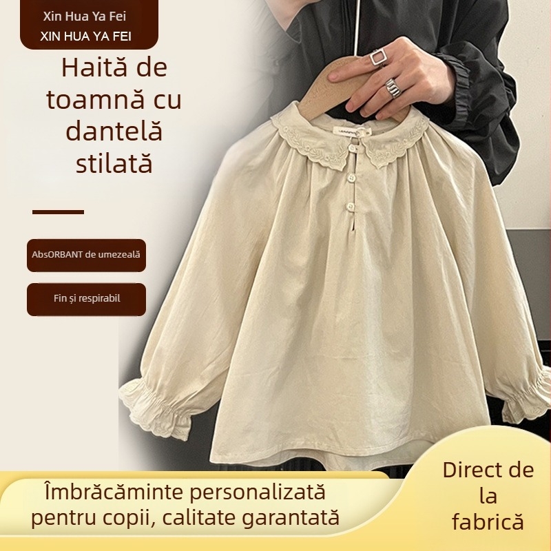 Cămașă de primăvară și toamnă pentru fete 2025, primăvara, stil occidental, casual, subțire, cămașă cu guler din dantelă pentru copii, cămașă de bază