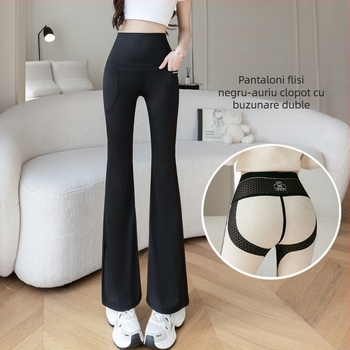 Pantaloni sport cu căptușeală din fleece, cu buzunar dublu, stil corn rechin, îmbrăcăminte de exterior pentru femei, toamnă și iarnă, talie înaltă, mărime plus, dolofan, colanți de yoga micro