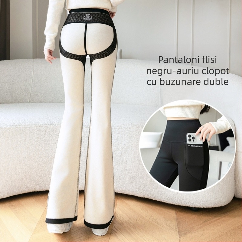 Pantaloni sport cu căptușeală din fleece, cu buzunar dublu, stil corn rechin, îmbrăcăminte de exterior pentru femei, toamnă și iarnă, talie înaltă, mărime plus, dolofan, colanți de yoga micro