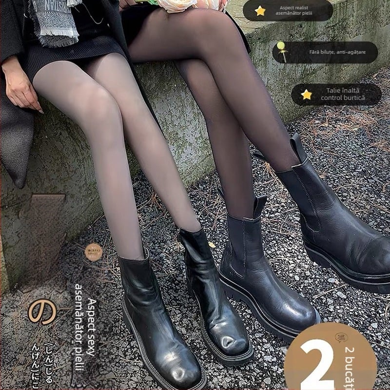 Colanți transparenți negri, din 2 piese, cu căptușeală din fleece, îngroșați, pentru femei, îmbrăcăminte exterioară de toamnă și iarnă, dresuri transparente false, îmbrăcăminte exterioară pentru picioare lejere