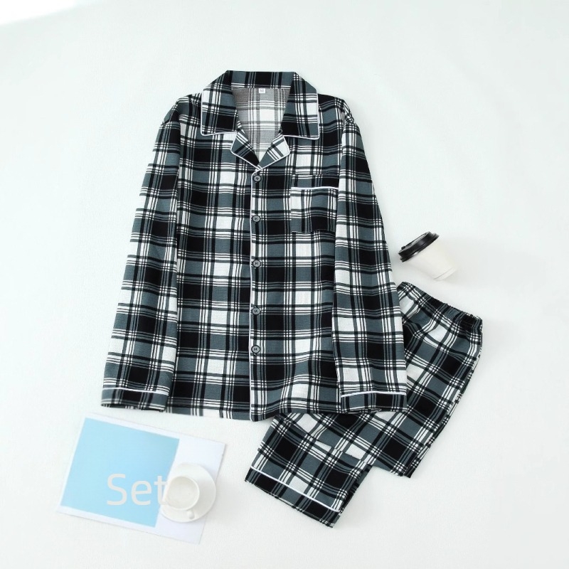 Pijama bărbătească casual în carouri, cu mânecă lungă și pantaloni, cu nasturi la rever, fără elastic
