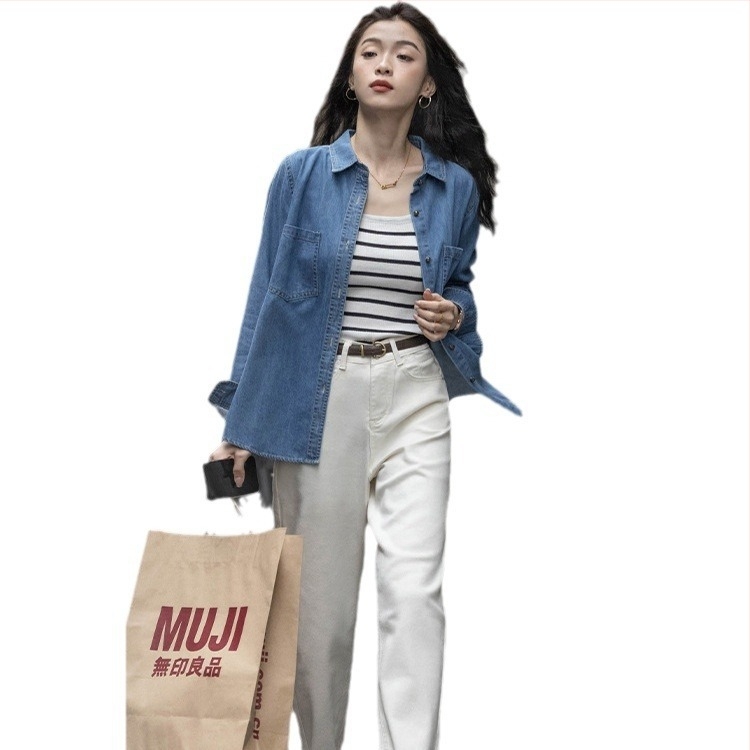 Cămașă cu mânecă lungă din denim albastru cu umeri, toamnă timpurie, design coreean de nișă, sensei, casual, subțire