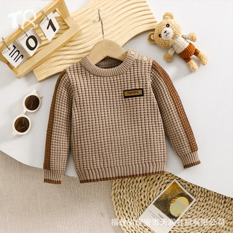 Pulover tricotat pentru bebeluși, de culoare maro, cu guler rotund, cu nasturi și mâneci lungi, potrivit pentru toamnă și iarnă