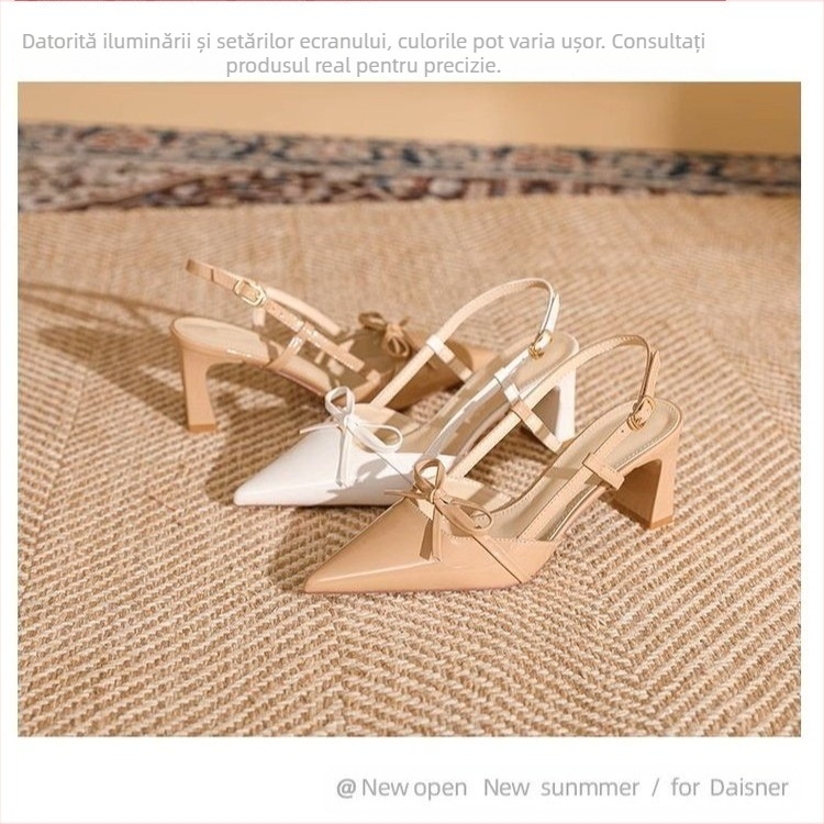 Sandale elegante cu toc înalt și fundă în stil francez pentru femei, vara 2025, stil nou, cu un personaj, frumoase Baotou, cu toc gros și gol în spate