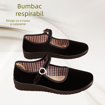 Pantofi de lucru modernizați din pânză veche de Beijing pentru femei, pantofi de dans cu toc plat negru, pantofi de hotel pentru restaurant chinezesc, cataramă de chelner