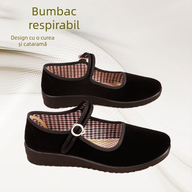 Pantofi de lucru modernizați din pânză veche de Beijing pentru femei, pantofi de dans cu toc plat negru, pantofi de hotel pentru restaurant chinezesc, cataramă de chelner