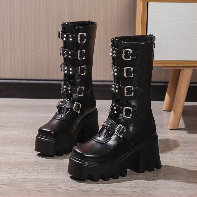 2023 Cizme independente de stație Cizme europene și americane cu cataramă metalică cu fund gros Cizme înalte pentru femei Amazon Cizme de mărime mare cu toc înalt pentru comerț exterior pentru femei