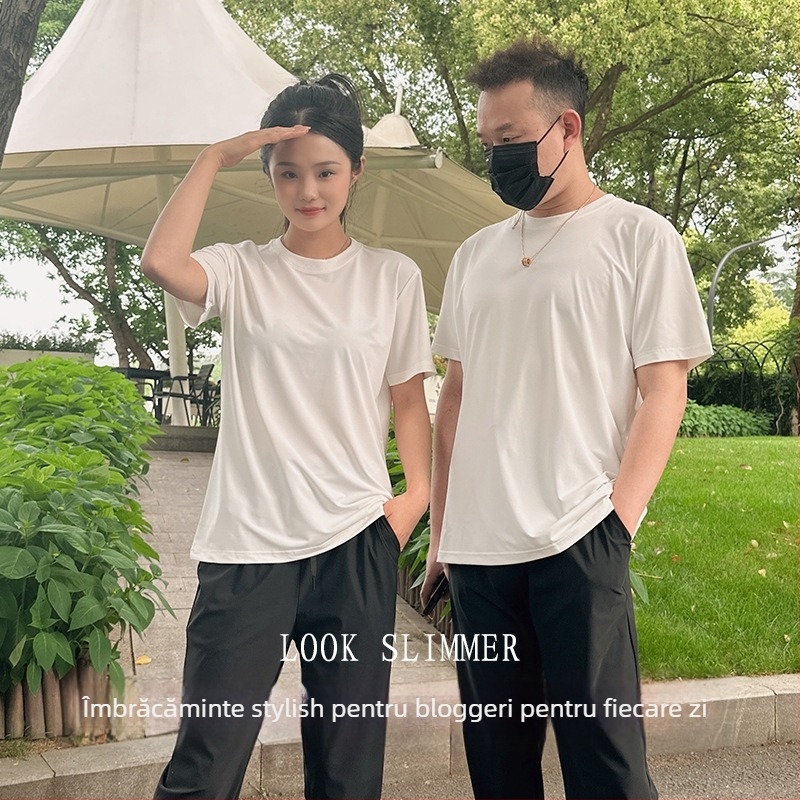 Tricou Yue Xiaomian Non-Stick T2024 de vară, casual, lejer, culoare pură, guler rotund, cu mânecă jumătate, pentru bărbați și femei, la modă și casual