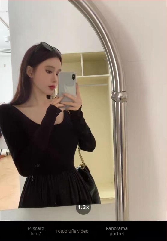 Rochie de seară neagră cu mânecă lungă în stil francez, stil Hepburn, Slim Fit, spate fără mâneci, elegantă, talie înaltă, slăbire, lungime medie