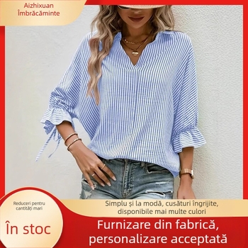 Cămașă casual Amazon Cross-Border cu dungi europene și americane, cu crăpătură la spate, decolteu în V, la modă și versatilă