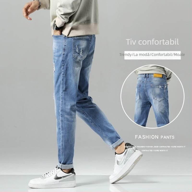 Blugi transfrontalieri pentru bărbați, albastru deschis, slim, elastici, casual, strâmți, comerț exterior, croială slim fit pentru bărbați