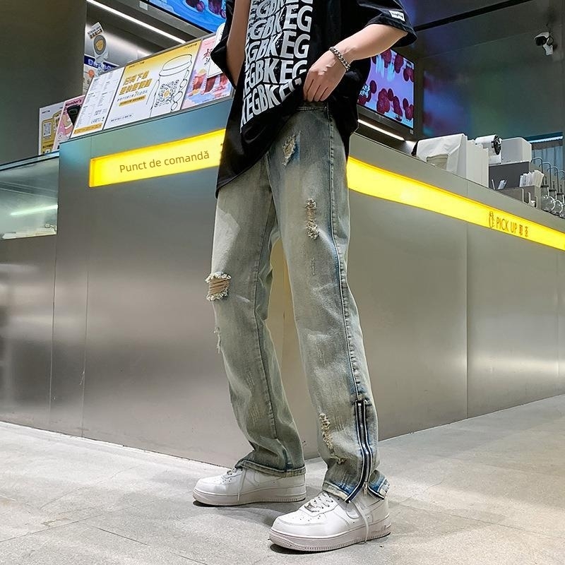 Blugi rupți retro pentru bărbați, de primăvară și toamnă, de înaltă calitate, vechi, american, casual, de la modă, de brand european și american, mici, drepți, pantaloni de primăvară