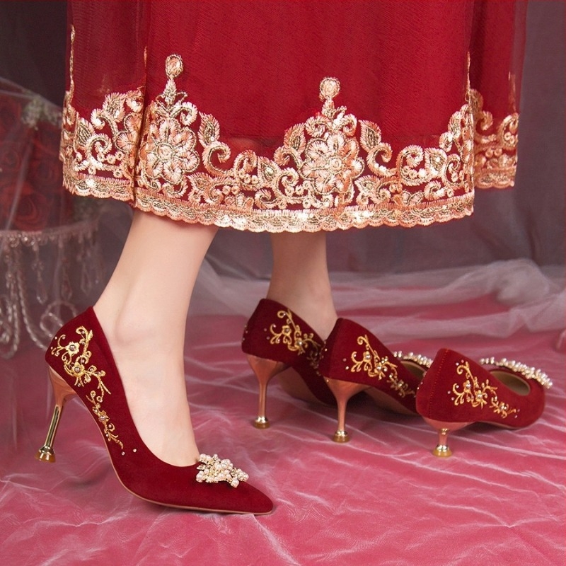 Pantofi de mireasă pentru femei, pantofi de mireasă, nu picioare obosite, pantofi de mireasă în stil chinezesc hexiu, rochie de mireasă cu tocuri înalte roșii în două sensuri, sens de nișă