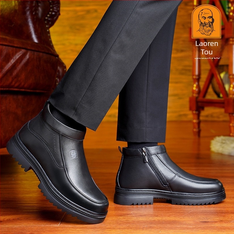 Pantofi de iarnă pentru bărbați, cu căptușeală din bumbac, căptușiți cu fleece, calduri, cu căptușeală din bumbac, pantofi casual din piele pentru bărbați de vârstă mijlocie și vârstnici, pantofi de lână pentru tătici