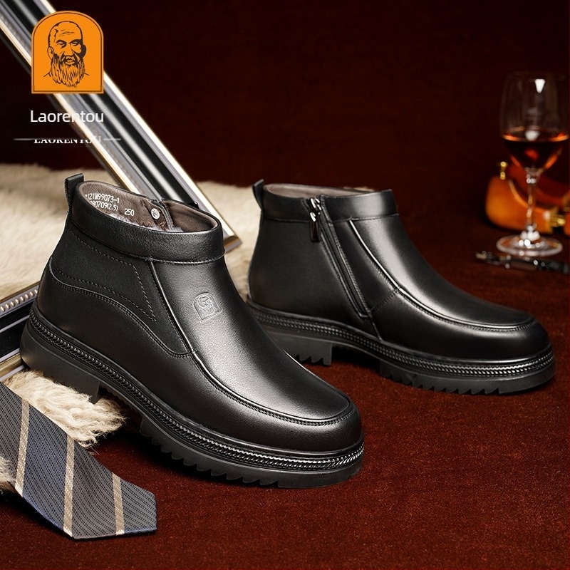 Pantofi de iarnă pentru bărbați, cu căptușeală din bumbac, căptușiți cu fleece, calduri, cu căptușeală din bumbac, pantofi casual din piele pentru bărbați de vârstă mijlocie și vârstnici, pantofi de lână pentru tătici