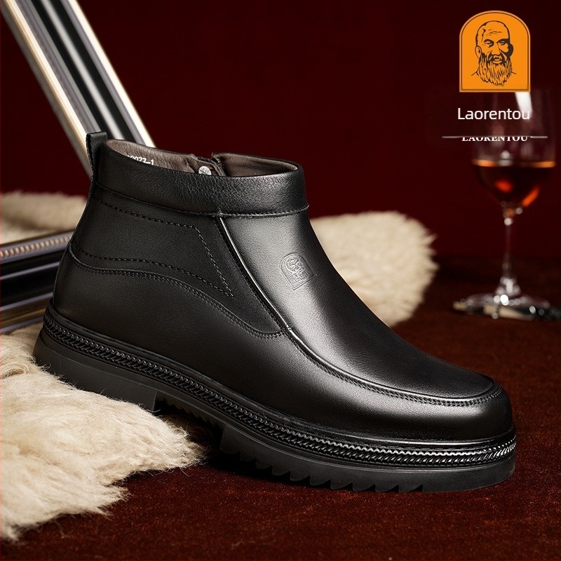 Pantofi de iarnă pentru bărbați, cu căptușeală din bumbac, căptușiți cu fleece, calduri, cu căptușeală din bumbac, pantofi casual din piele pentru bărbați de vârstă mijlocie și vârstnici, pantofi de lână pentru tătici