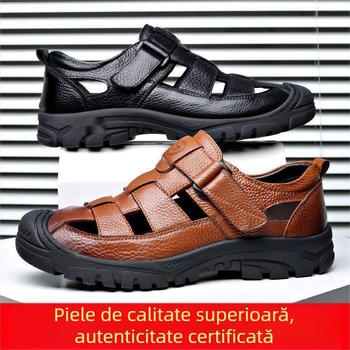 Sandale de vară din piele naturală, respirabile, pentru tați de vârstă mijlocie, sandale casual 2022, pantofi cu fund moale, piele moale, cu găuri goale