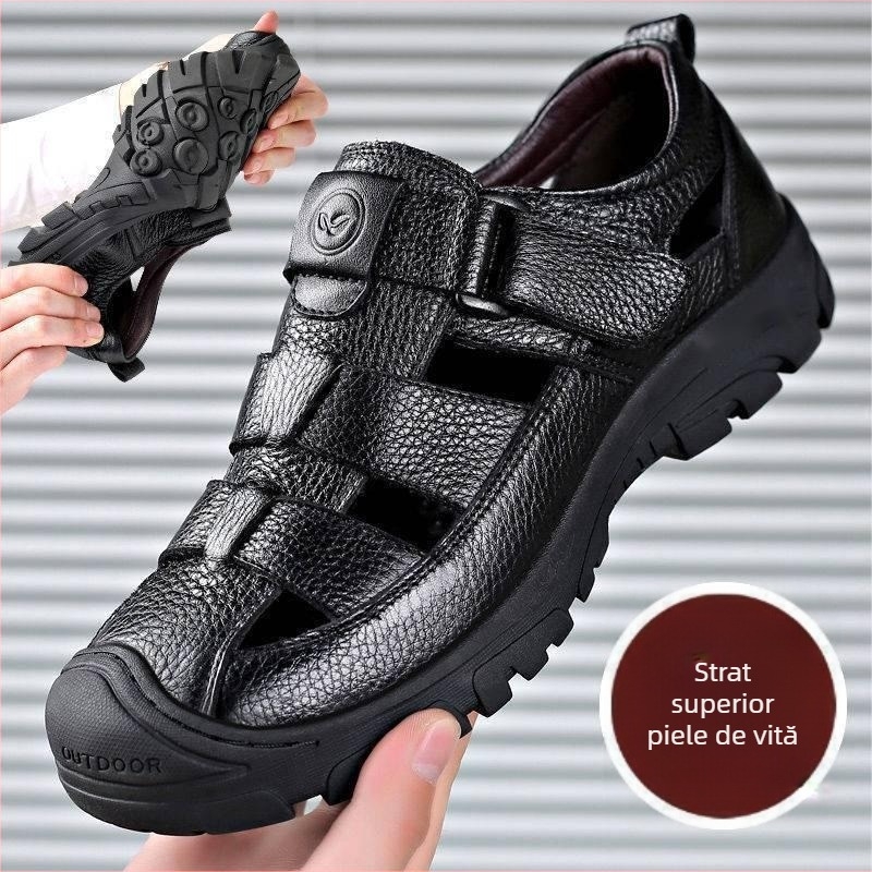 Sandale de vară din piele naturală, respirabile, pentru tați de vârstă mijlocie, sandale casual 2022, pantofi cu fund moale, piele moale, cu găuri goale