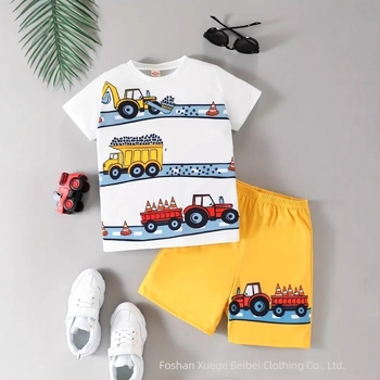 Bărbați, haine pentru copii, 2025, nou, desene animate cu mașini, mâneci scurte, top, imprimare animată, pantaloni scurți, set casual din două piese
