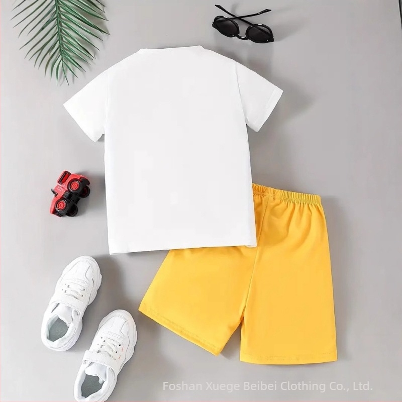 Bărbați, haine pentru copii, 2025, nou, desene animate cu mașini, mâneci scurte, top, imprimare animată, pantaloni scurți, set casual din două piese