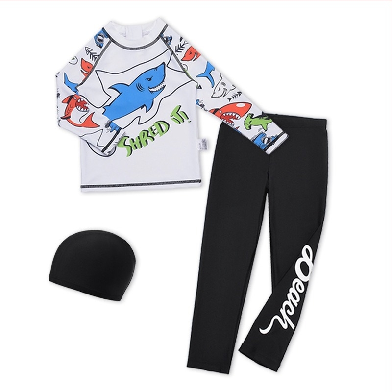 Costum de baie pentru copii, cu mânecă lungă, model rechin, divizat, mărime medie și mare, pentru copii, cu protecție solară, pentru surfing, cu pantaloni transfrontalieri