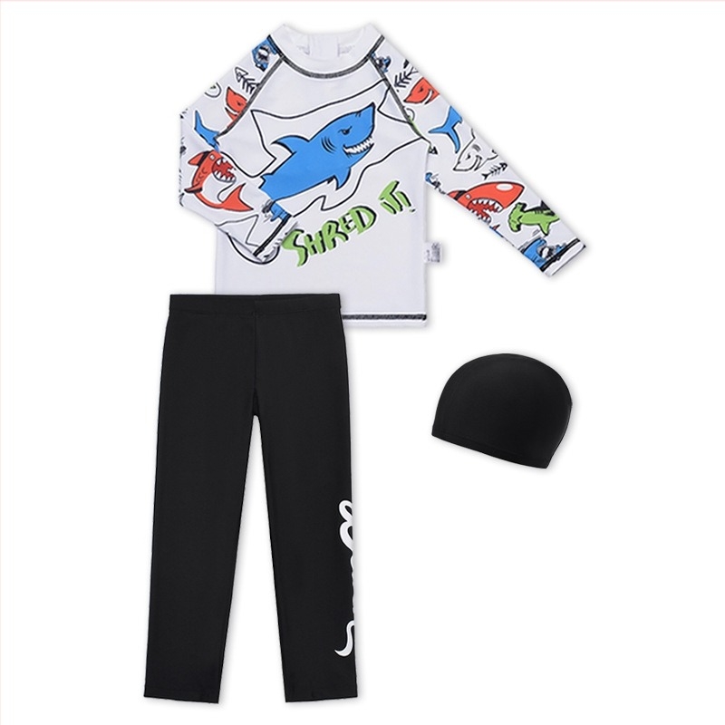 Costum de baie pentru copii, cu mânecă lungă, model rechin, divizat, mărime medie și mare, pentru copii, cu protecție solară, pentru surfing, cu pantaloni transfrontalieri