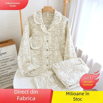 Pijamale Sweet Air Layer pentru femei, toamna și iarna, îngroșate, Cardigan, cu mânecă lungă, haine de casă, costum de bumbac, trei straturi, cald, casual, husă
