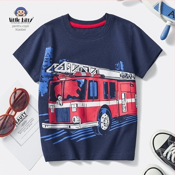 Îmbrăcăminte pentru copii europeni și americani, mânecă scurtă, 2025, tricou pentru copii, băieți, model de mașină de pompieri, vară, mânecă jumătate, en-gros din fabrică