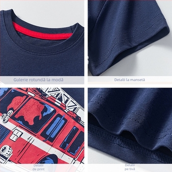 Îmbrăcăminte pentru copii europeni și americani, mânecă scurtă, 2025, tricou pentru copii, băieți, model de mașină de pompieri, vară, mânecă jumătate, en-gros din fabrică