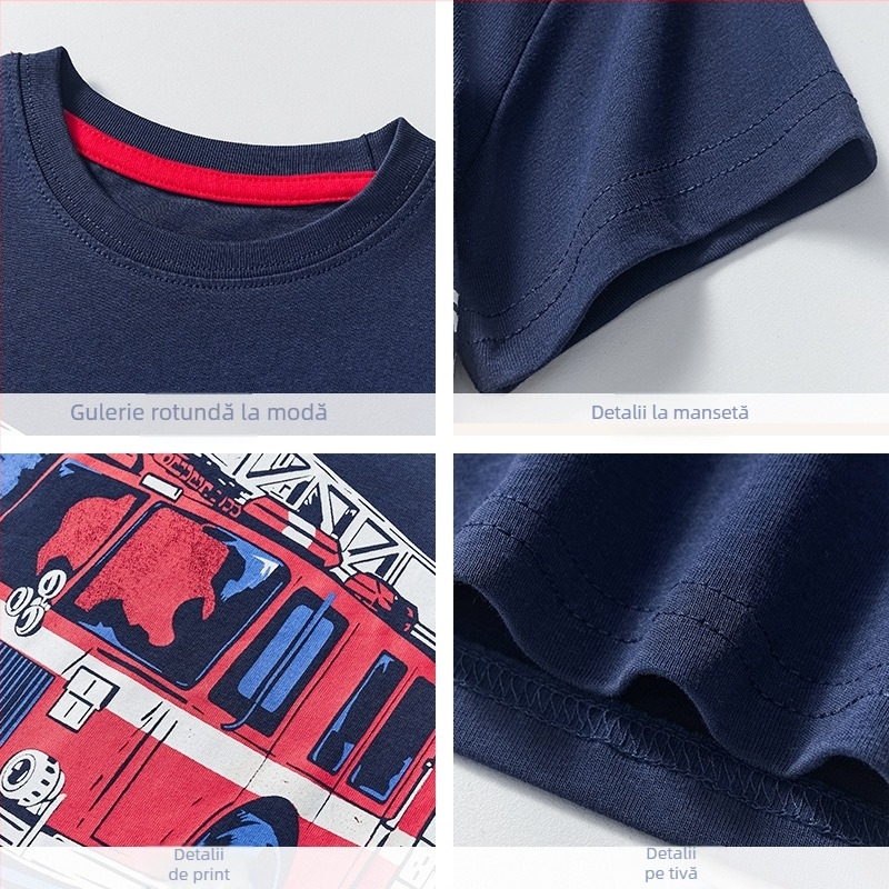 Îmbrăcăminte pentru copii europeni și americani, mânecă scurtă, 2025, tricou pentru copii, băieți, model de mașină de pompieri, vară, mânecă jumătate, en-gros din fabrică